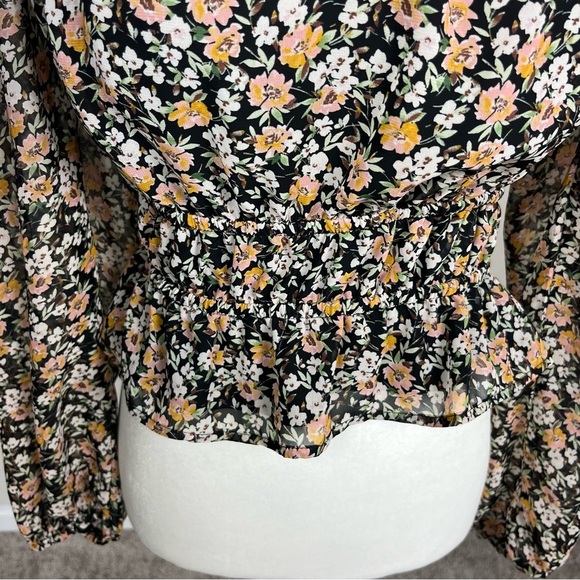 LUSH LONG SLEEVE BLACK FLORAL BLOUSE TIE NECK SMOCKED WAIST SIZE SMALL PETITE - Picture 8 of 16